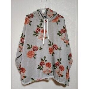 Justify Women's 3X Cropped White Pink & Red Floral Hoodie Rolled Up Seam